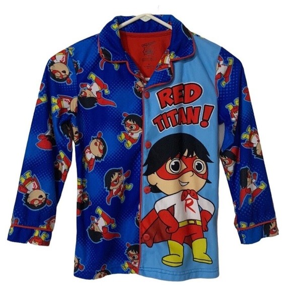 Ryan's World Boys Sz M 8 Red Titan Long Sleeve Pajamas Set 2-Piece Button Front - Picture 2 of 7